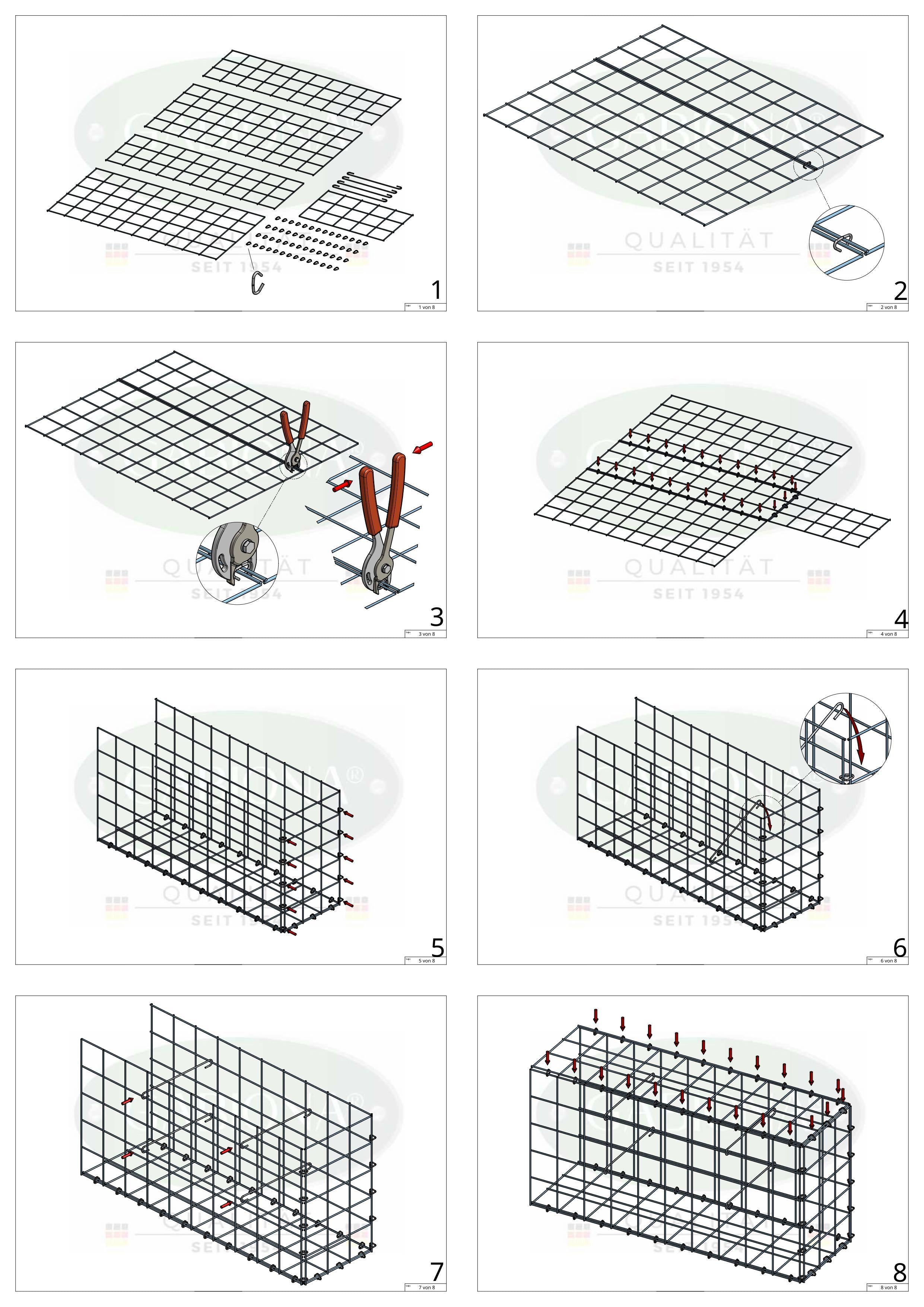 Monteret gabion type 2 100 cm x 100 cm x 40 cm (L x H x D), maskestørrelse 10 cm x 10 cm, C-ring