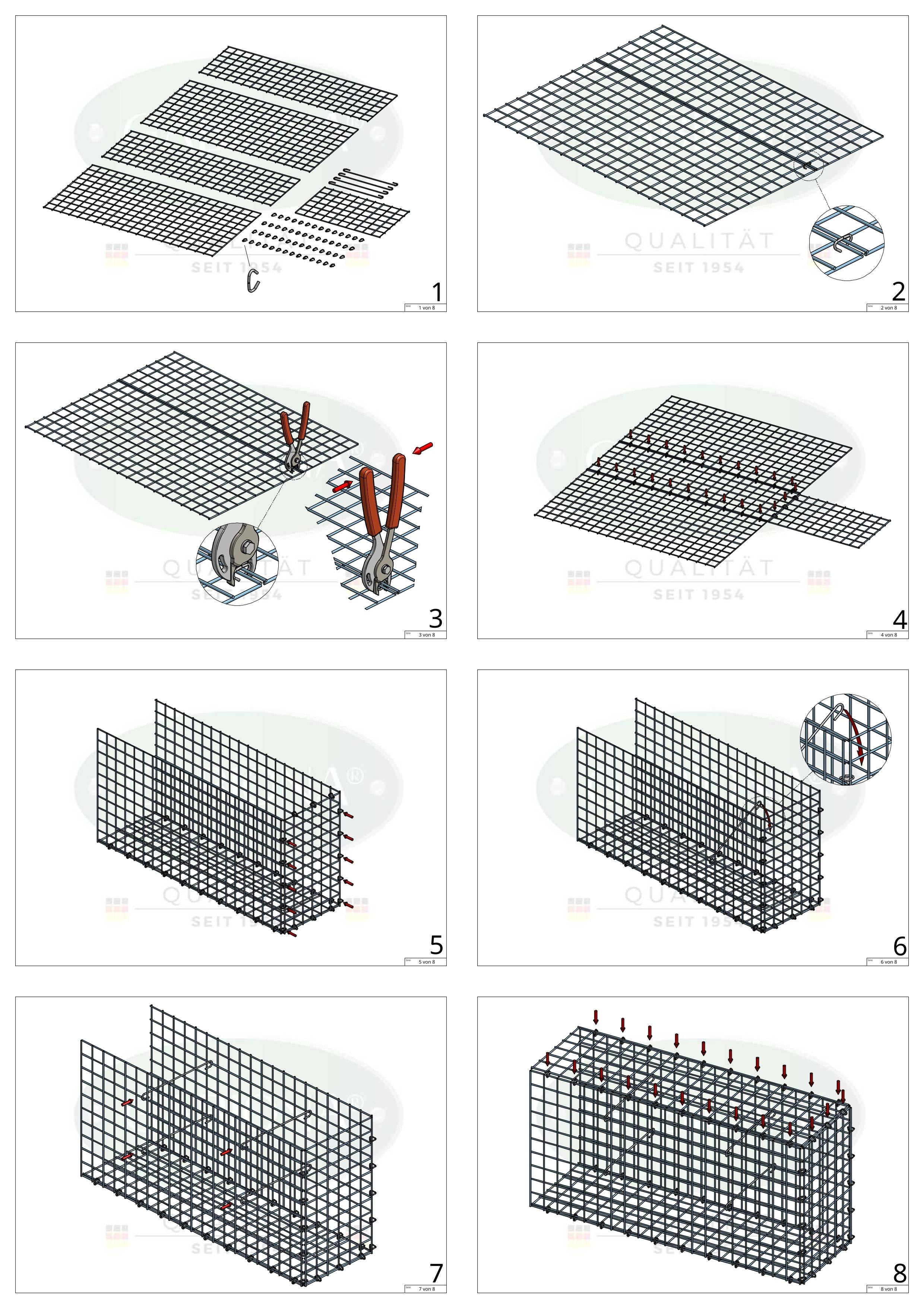 Monteret gabion type 2 100 cm x 70 cm x 40 cm (L x H x D), maskestørrelse 5 cm x 5 cm, C-ring