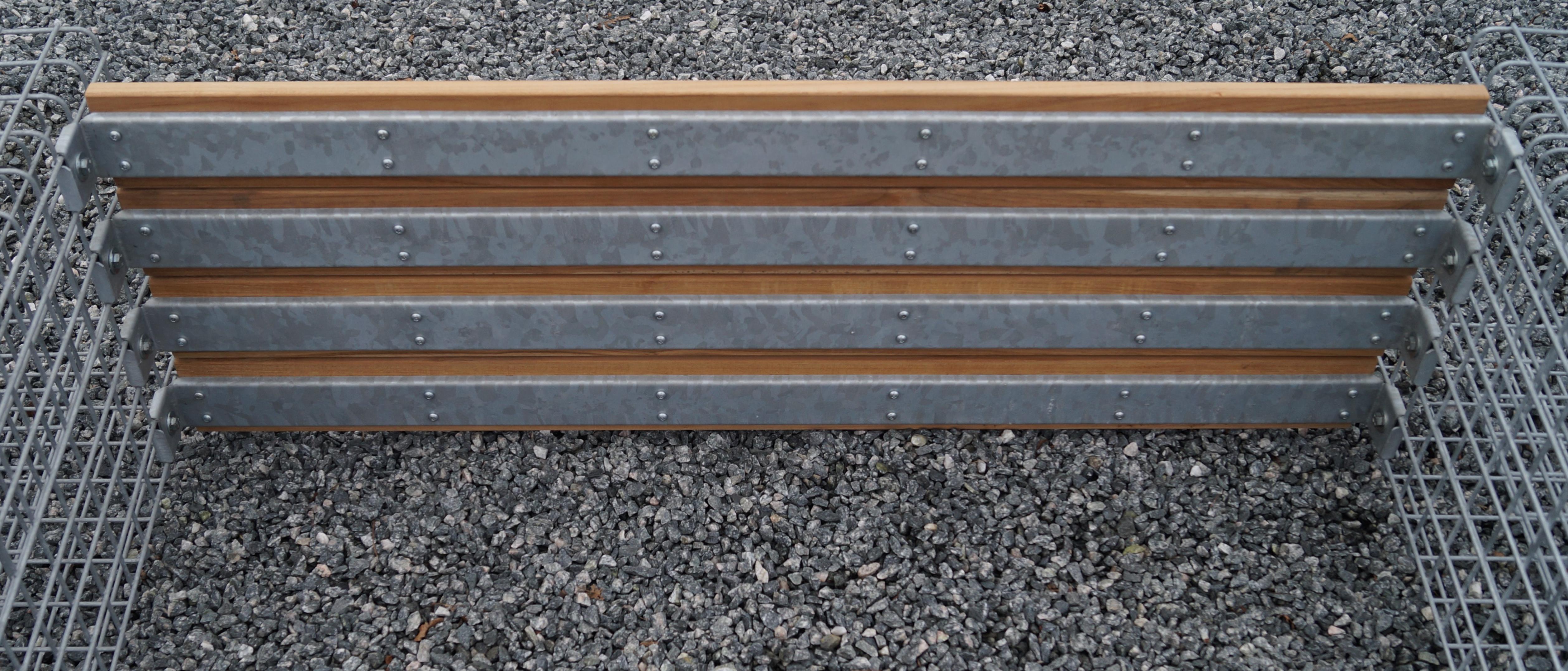 Trädgårdsbänk med 2 gabioner - Cumaru-trä, 200 cm lång x 60 cm hög x 37 cm djup, galvaniserad, MW 5 x 5 cm