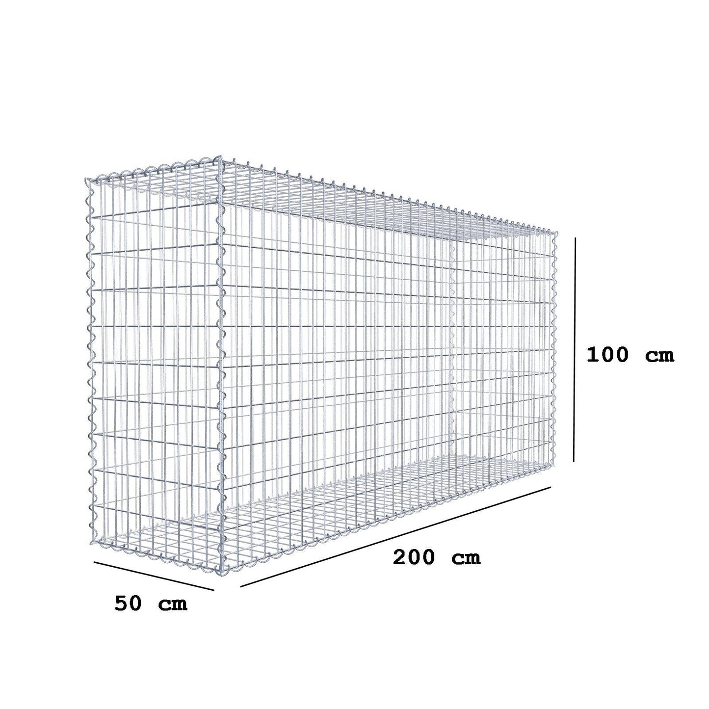 Gabião 200 cm x 100 cm x 50 cm (C x A x P), malhagem 5 cm x 10 cm, espiral