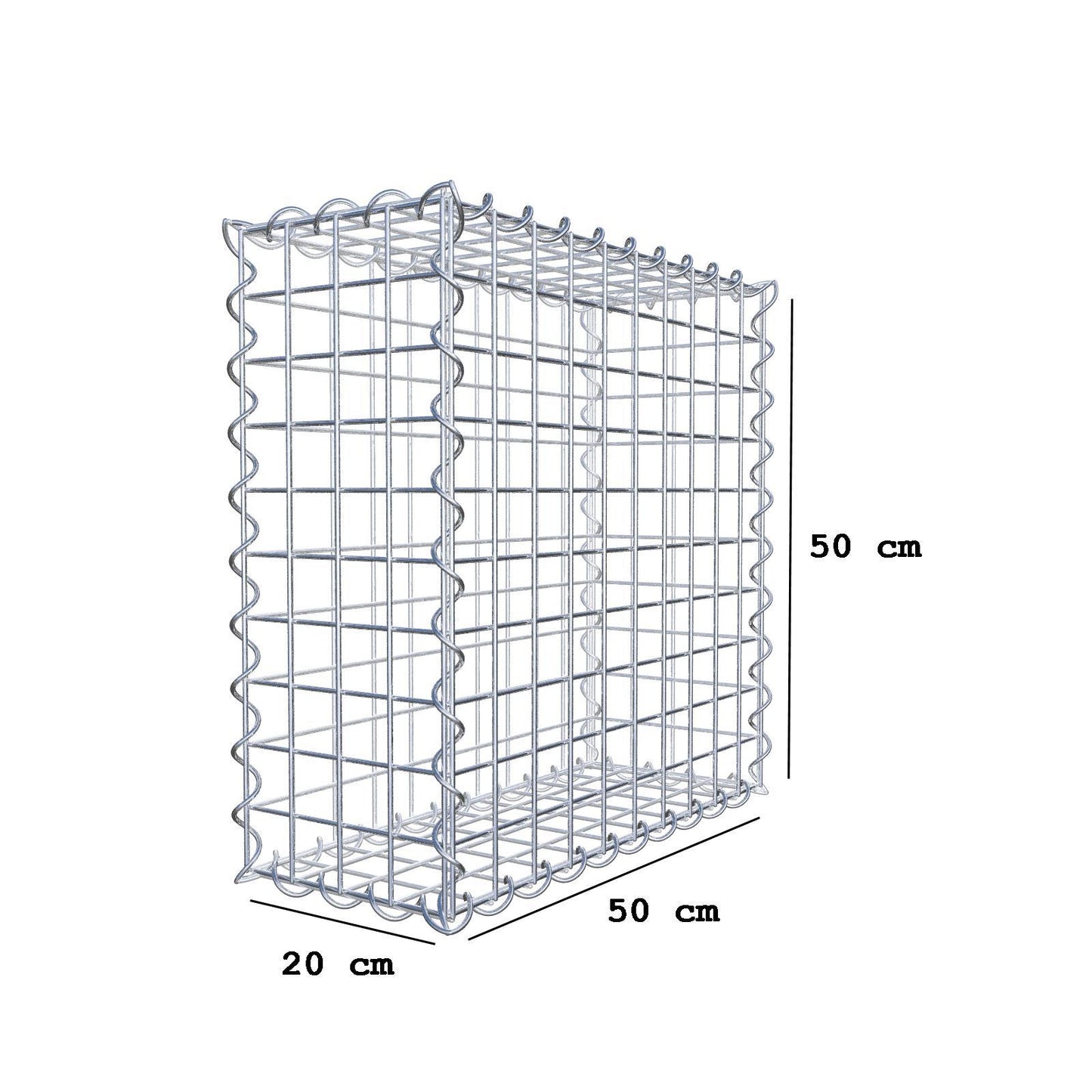 Gabião 50 cm x 50 cm x 20 cm (C x A x P), malhagem 5 cm x 5 cm, espiral