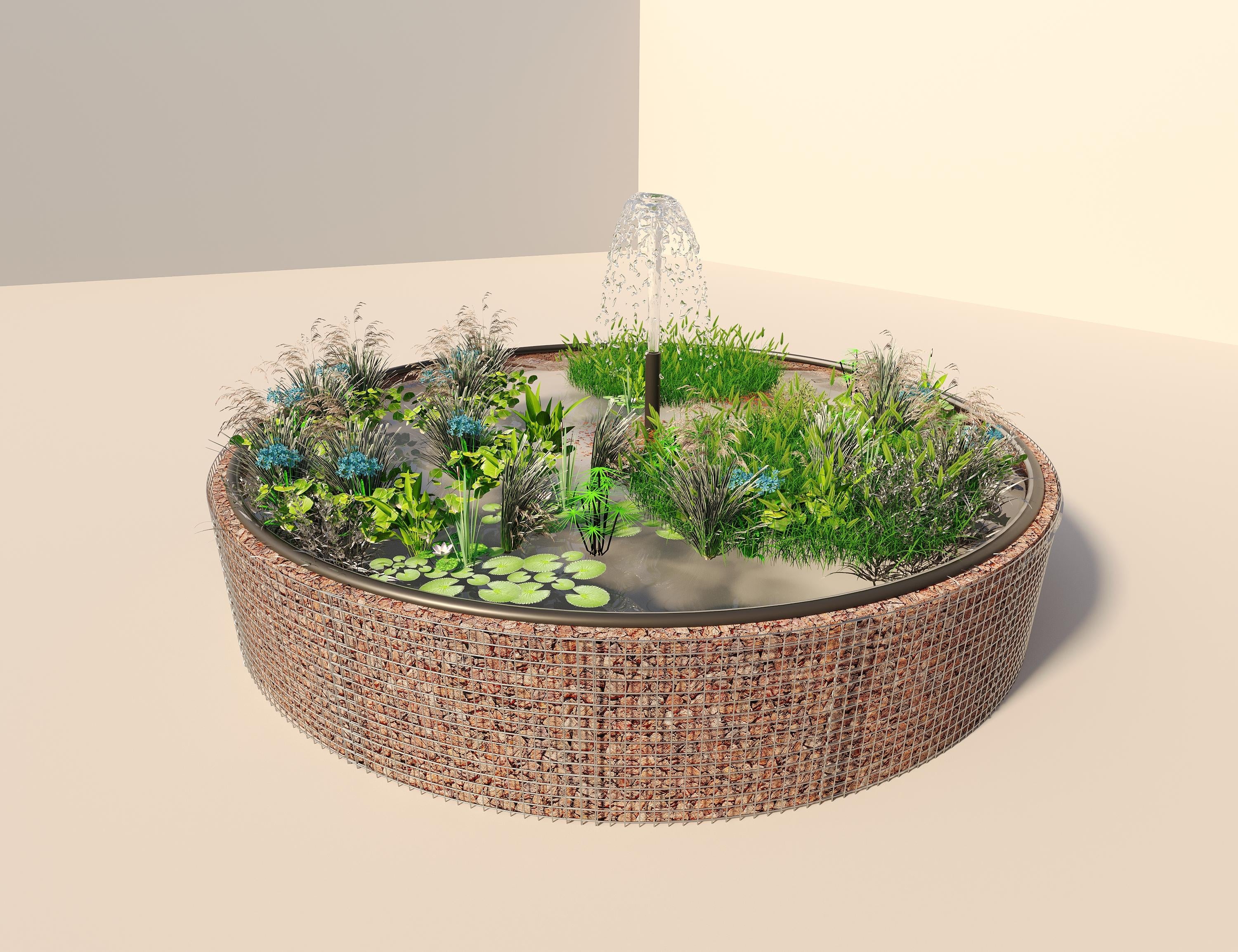 Tanque elevado de gabiões, redondo, diâmetro exterior 442 cm, altura 80 cm, dimensão da malha 5 x 5 cm, espessura da parede 15 cm