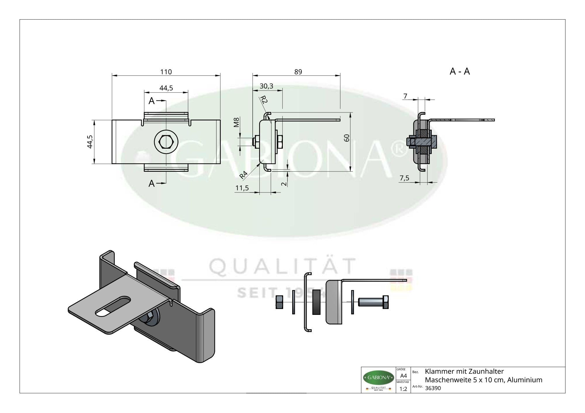 Klammer mit Zaunhalter Maschenweite 5 x 10 cm, Aluminium