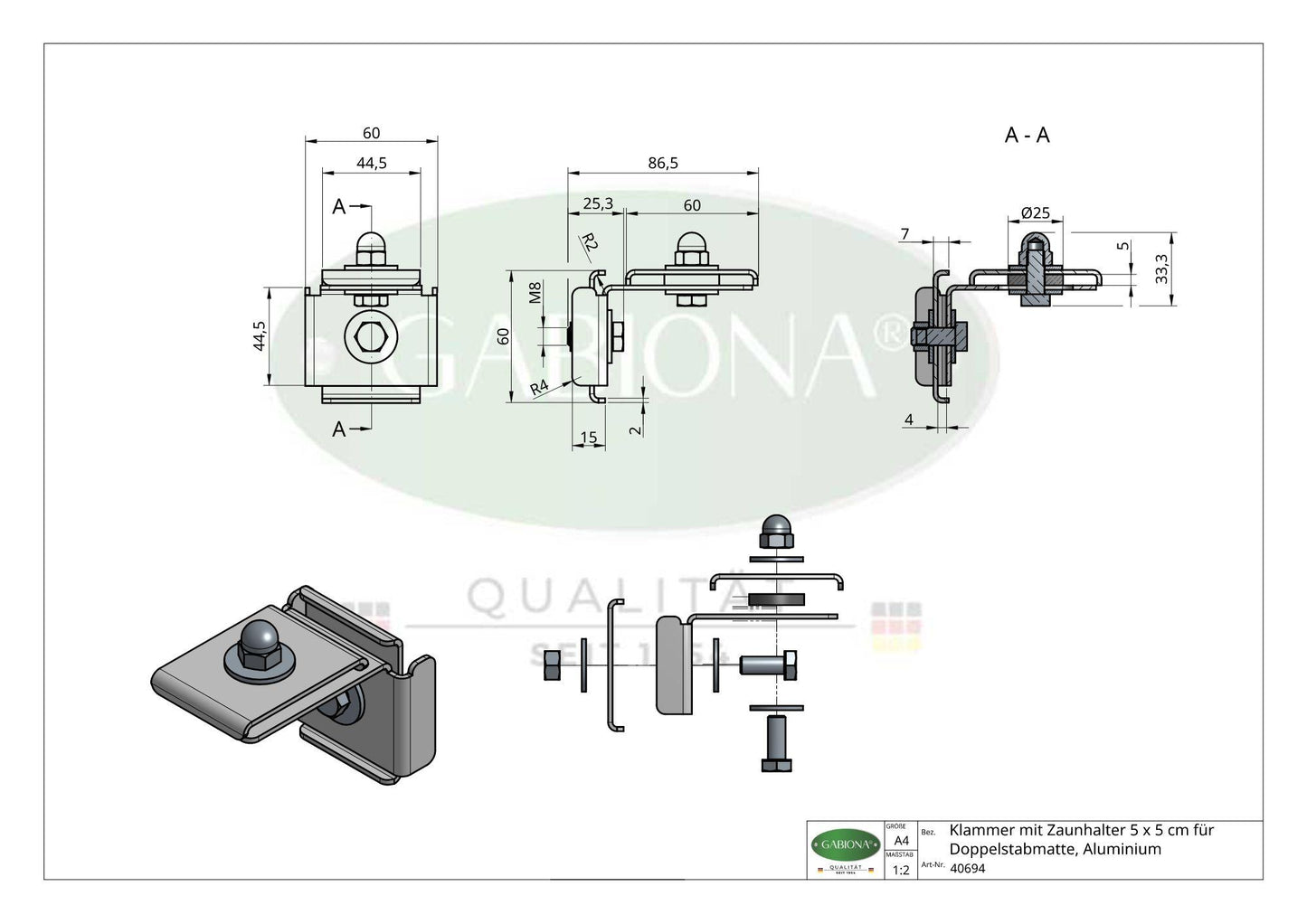 Abrazadera con soporte de valla 5 x 5 cm para tela metálica doble, aluminio