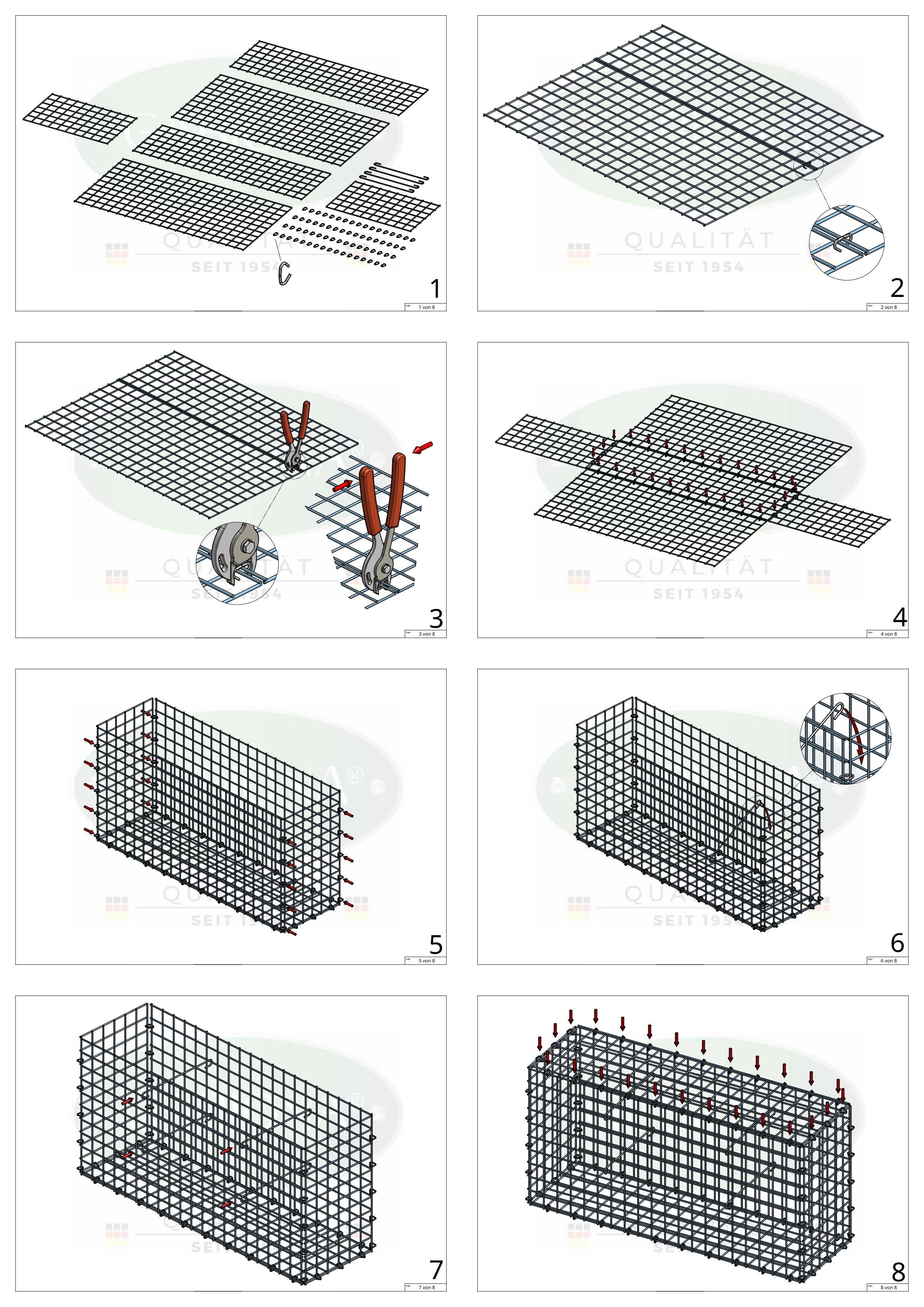 Gabion 200 cm x 100 cm x 50 cm (L x H x D), maskestørrelse 5 cm x 5 cm, C-ring