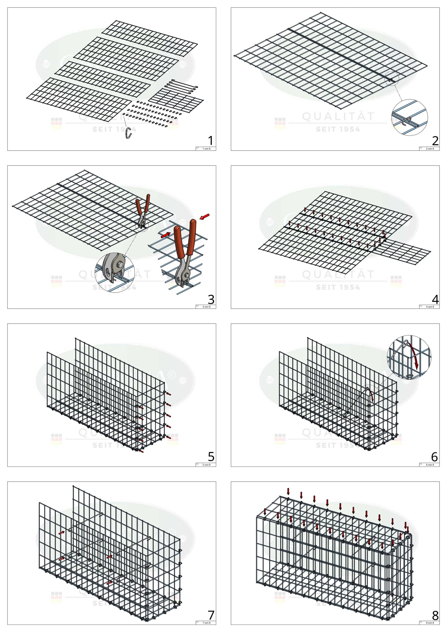 Monteret gabion type 2 50 cm x 50 cm x 30 cm, maskestørrelse 5 cm x 10 cm, C-ring