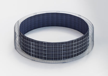 Letto rialzato rotondo, diametro esterno 412 cm, altezza 50 cm, dimensioni della rete 5 x 10 cm, spessore delle pareti 15 cm.