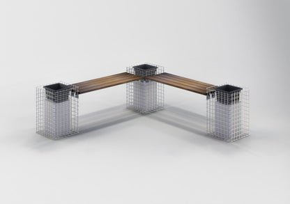 Gabionenbank mit 3 Blumensäulen - Cumaru-Holz, 205 cm Länge x 60 cm Höhe x 37 cm Tiefe, feuerverzinkt, MW 5 x 5 cm