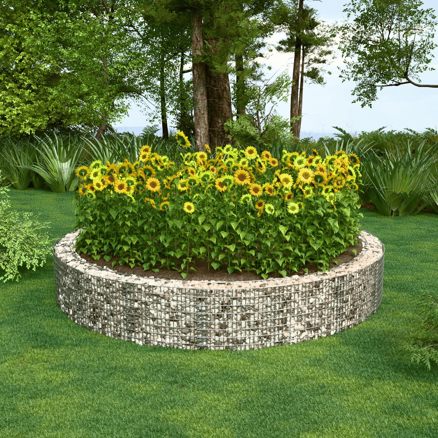 Canteiro elevado redondo, diâmetro externo 502 cm, altura 50 cm, tamanho da malha 5 x 10 cm, espessura da parede 15 cm