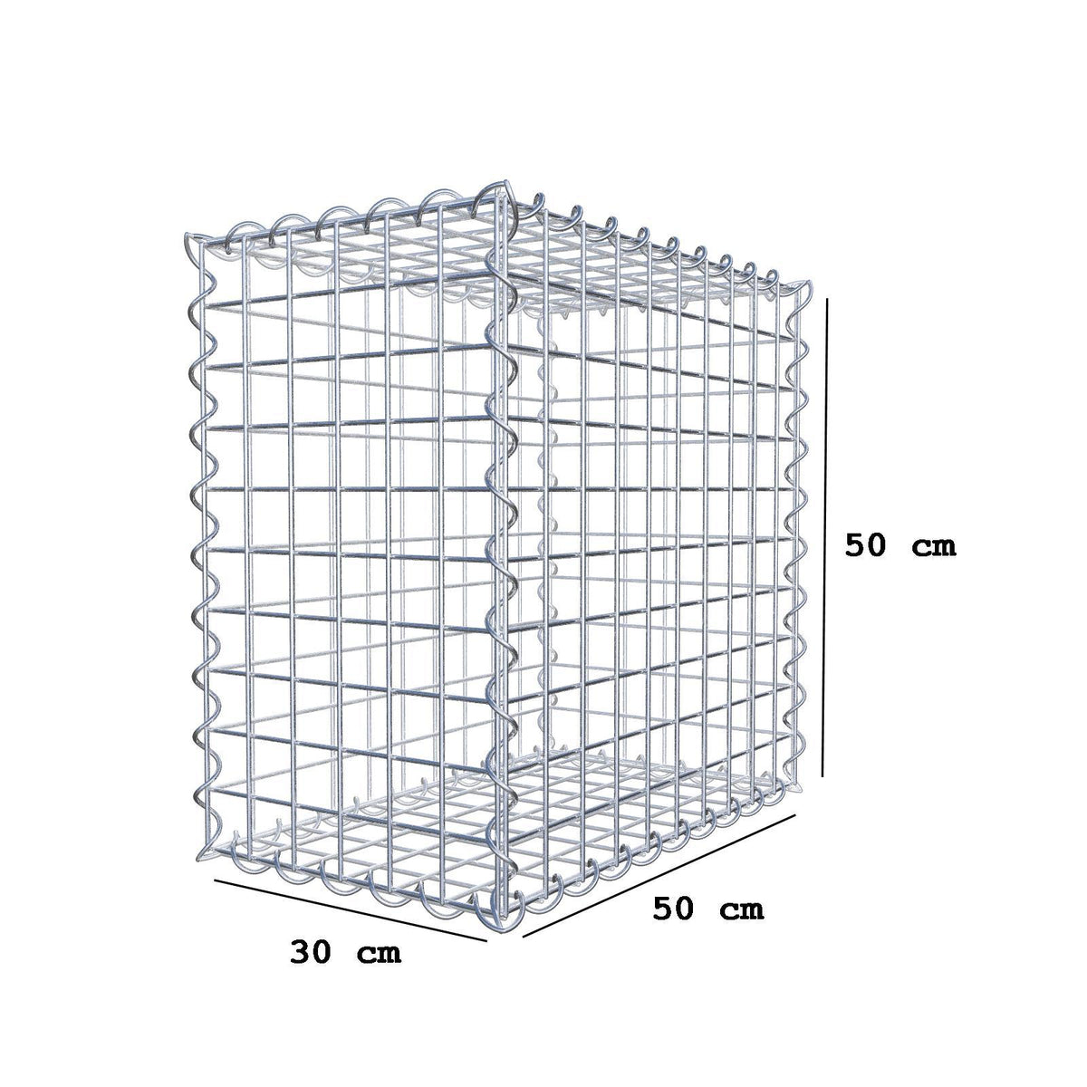 Gabião 50 cm x 50 cm x 30 cm (C x A x P), malhagem 5 cm x 5 cm, espiral