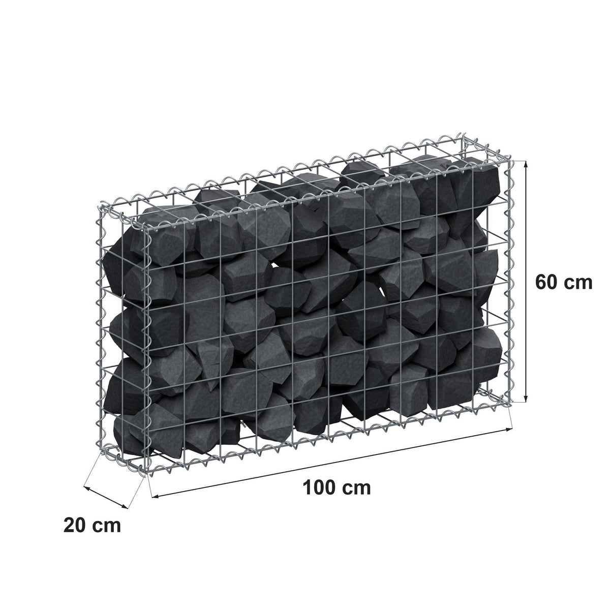 Gabião 100 cm x 60 cm x 20 cm (C x A x P), malhagem 10 cm x 10 cm, espiral