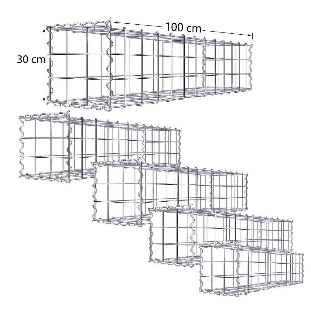 Lot de 5 gabions 100 x 30 x 30 cm (L x H x P), mailles 10 x 10 cm, fermeture en spirale, épaisseur du fil 4,5 mm