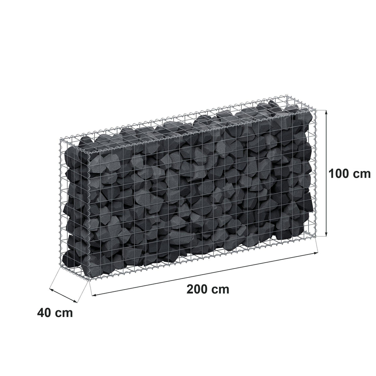 Gabião 200 cm x 100 cm x 40 cm (C x A x P), malhagem 10 cm x 10 cm, espiral
