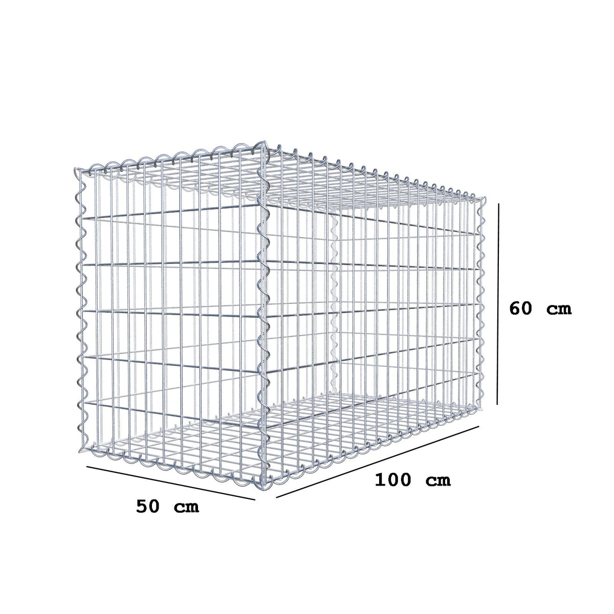 Gabião 100 cm x 60 cm x 50 cm (C x A x P), malhagem 5 cm x 10 cm, espiral