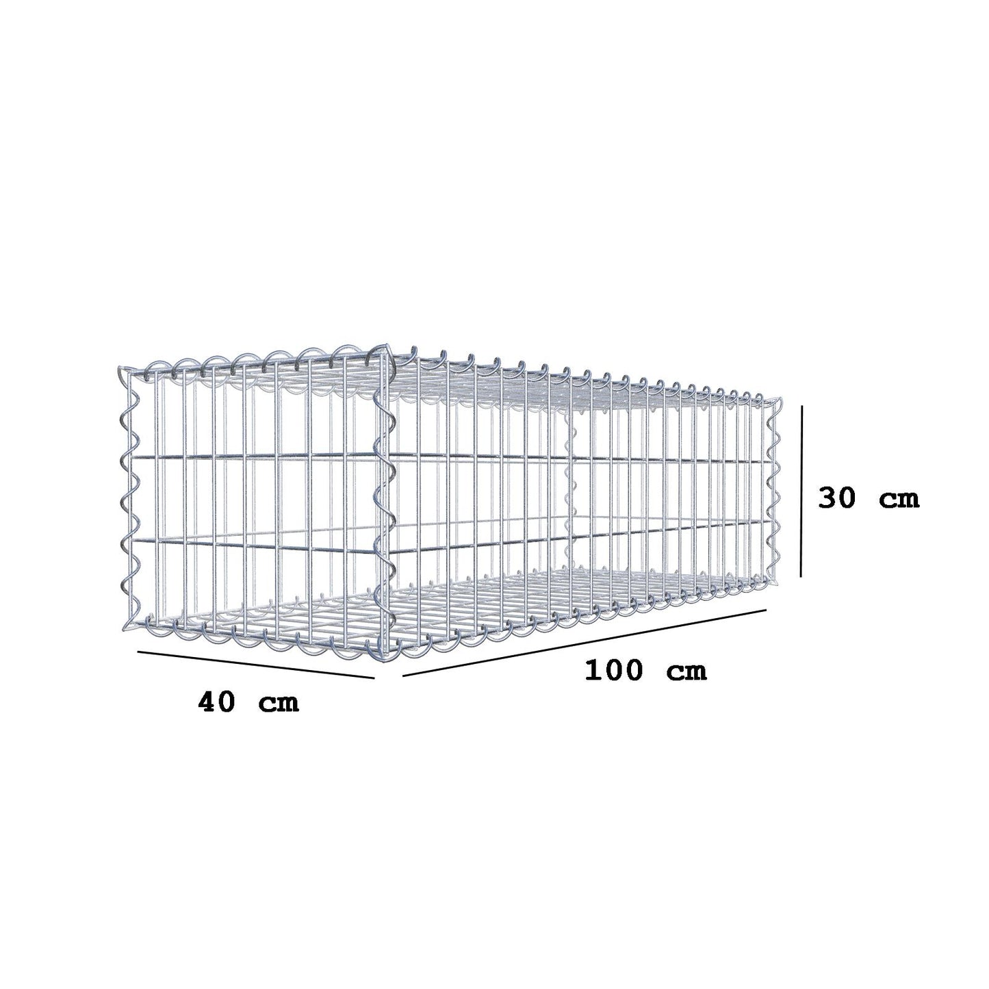 Gabião 100 cm x 30 cm x 40 cm (C x A x P), malhagem 5 cm x 10 cm, espiral