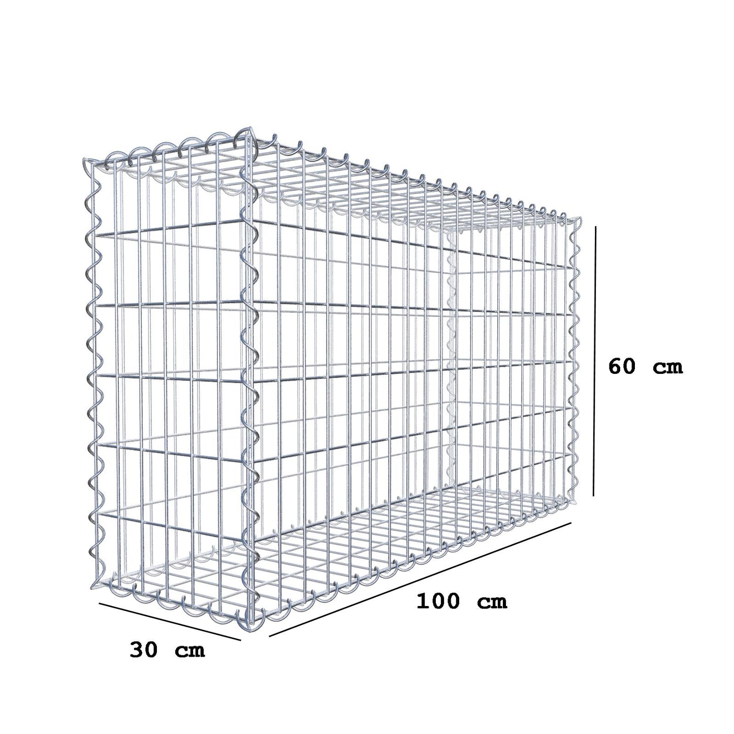 Gabião 100 cm x 60 cm x 30 cm (C x A x P), malhagem 5 cm x 10 cm, espiral