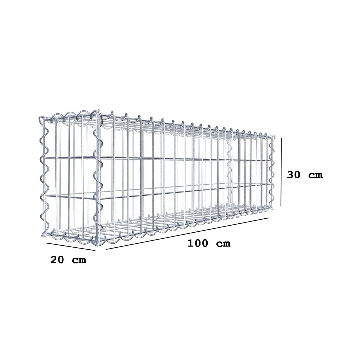 Gabbione 100 cm x 30 cm x 20 cm (L x H x P), maglia 5 cm x 10 cm, spirale