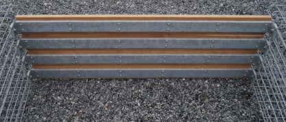 Gabion bench with 3 flower columns - teak, 205 cm long x 60 cm high x 37 cm deep, hot-dip galvanized, MW 5 x 5 cm