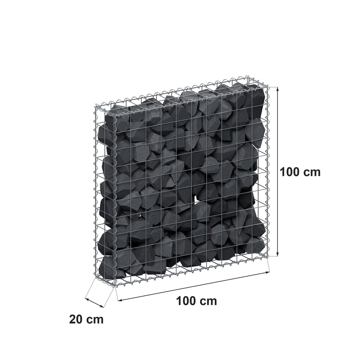 Gabião 100 cm x 100 cm x 20 cm (C x A x P), malhagem 10 cm x 10 cm, espiral