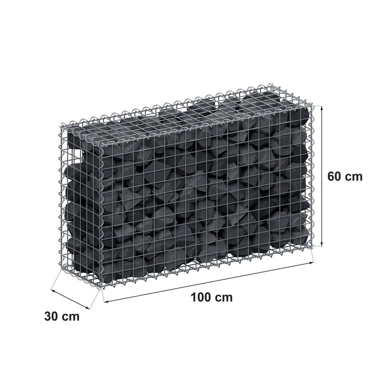 Gabião 100 cm x 60 cm x 30 cm (C x A x P), malhagem 5 cm x 5 cm, espiral