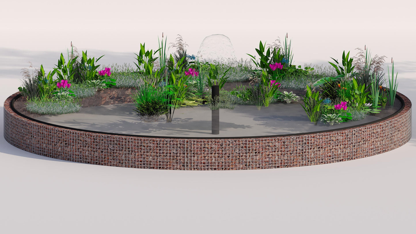Estanque elevado de gaviones, redondo, diámetro exterior 322 cm, altura 50 cm, malla 5 x 5 cm, espesor de pared 15 cm