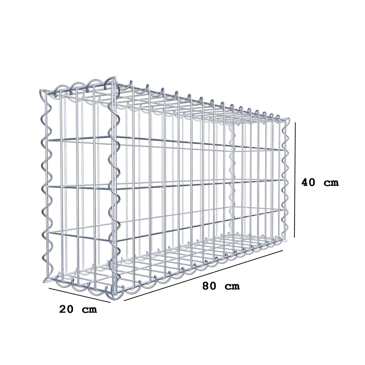 Gabião 80 cm x 40 cm x 20 cm (C x A x P), malhagem 5 cm x 10 cm, espiral