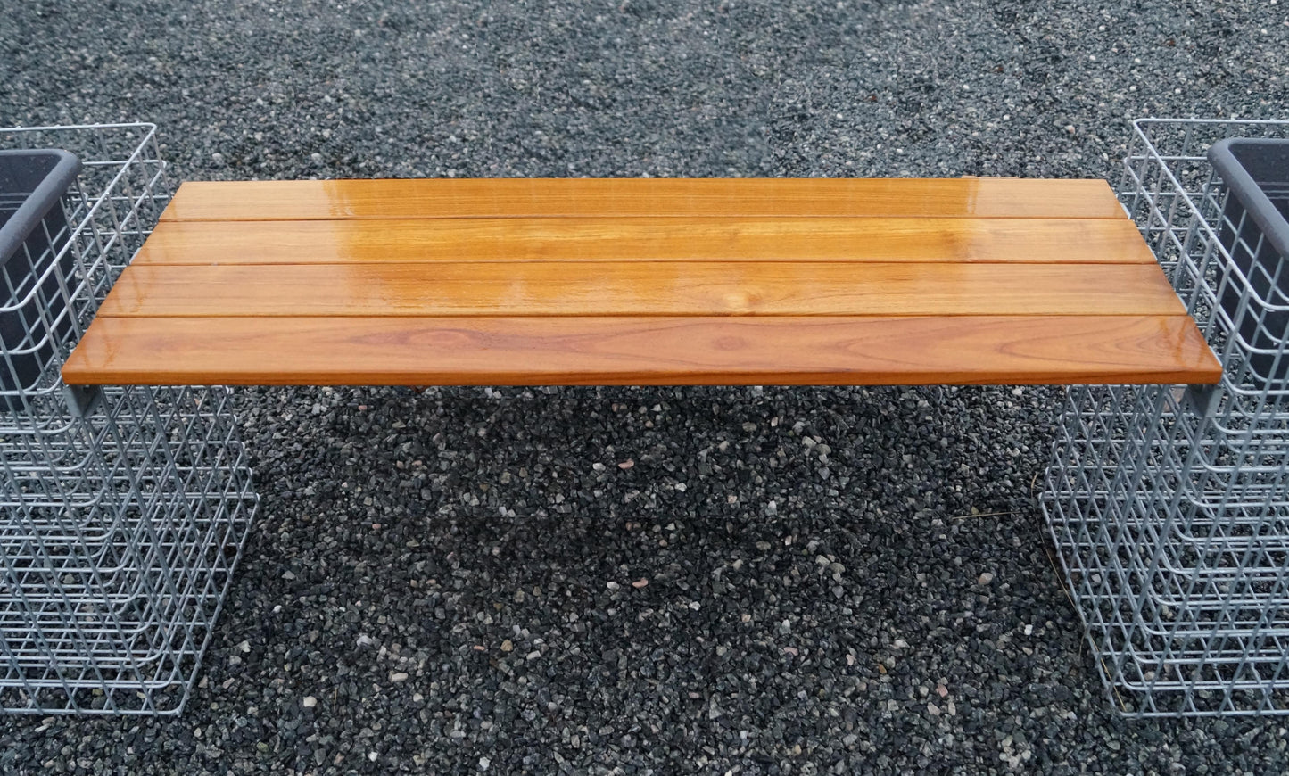 Gabion bench with 3 flower columns - teak, 205 cm long x 60 cm high x 37 cm deep, hot-dip galvanized, MW 5 x 5 cm