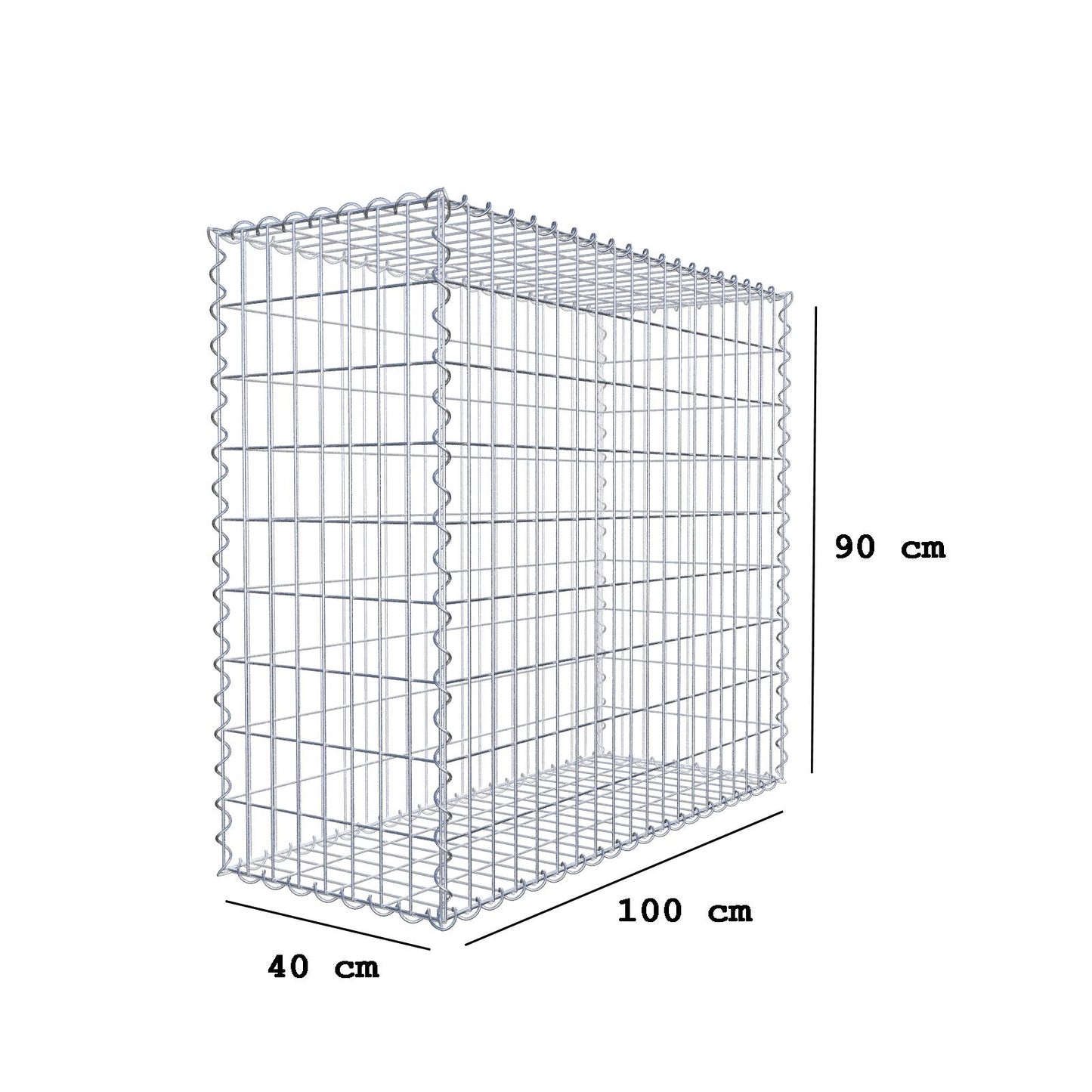 Gabião 100 cm x 90 cm x 40 cm (C x A x P), malhagem 5 cm x 10 cm, espiral