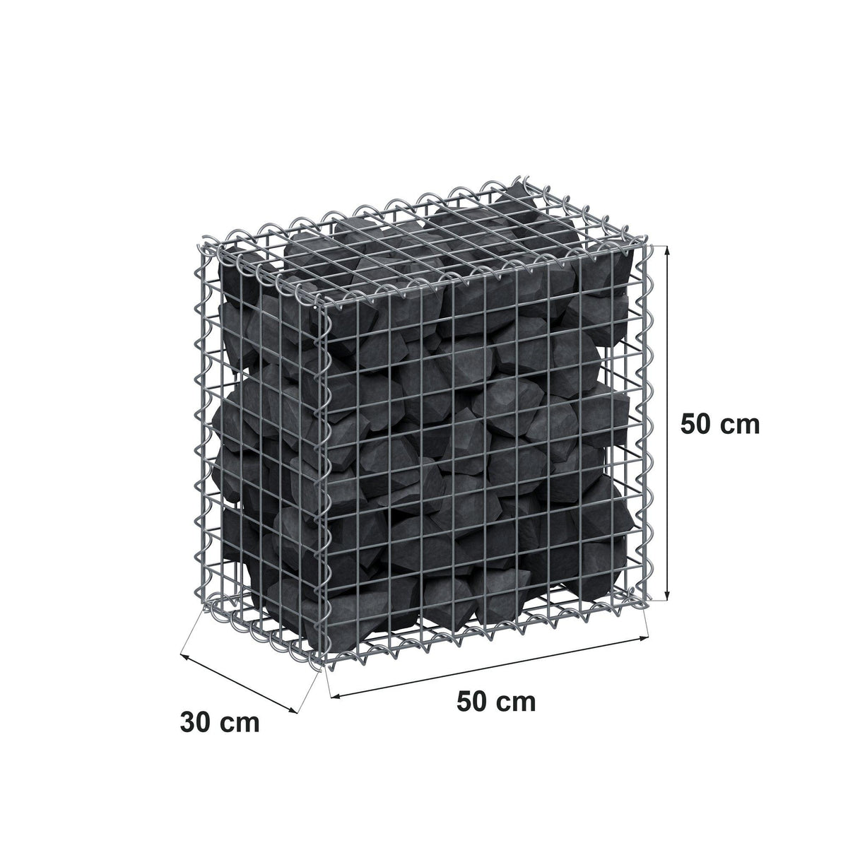 Gabião 50 cm x 50 cm x 30 cm (C x A x P), malhagem 5 cm x 5 cm, espiral