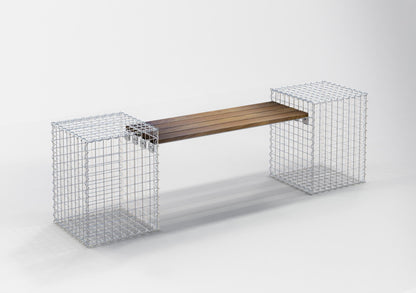 Banco de jardín con 2 gaviones - Madera de cumarú, 200 cm de largo x 60 cm de alto x 37 cm de profundidad, galvanizado, MW 5 x 5 cm