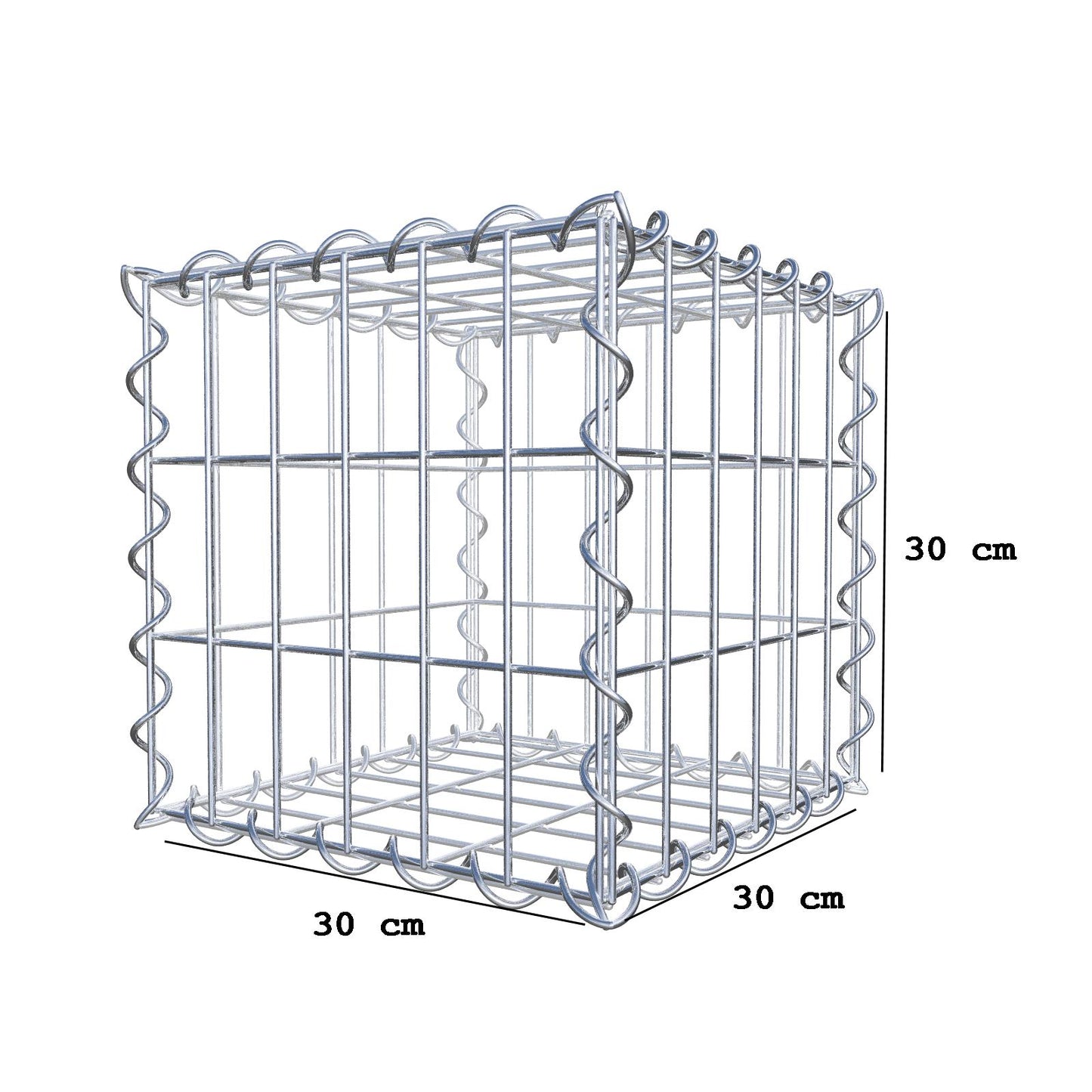 Gabião 30 cm x 30 cm x 30 cm (C x A x P), malhagem 5 cm x 10 cm, espiral