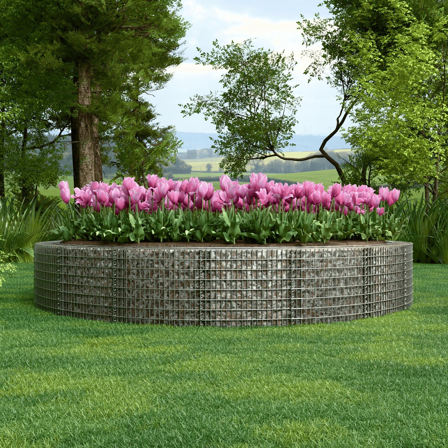 Canteiro elevado redondo, diâmetro externo 502 cm, altura 50 cm, tamanho da malha 5 x 10 cm, espessura da parede 15 cm
