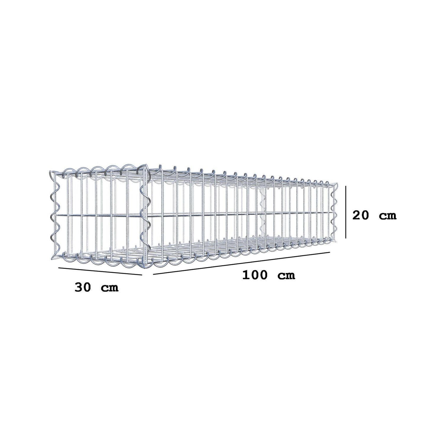 Gabião 100 cm x 20 cm x 30 cm (C x A x P), malhagem 5 cm x 10 cm, espiral