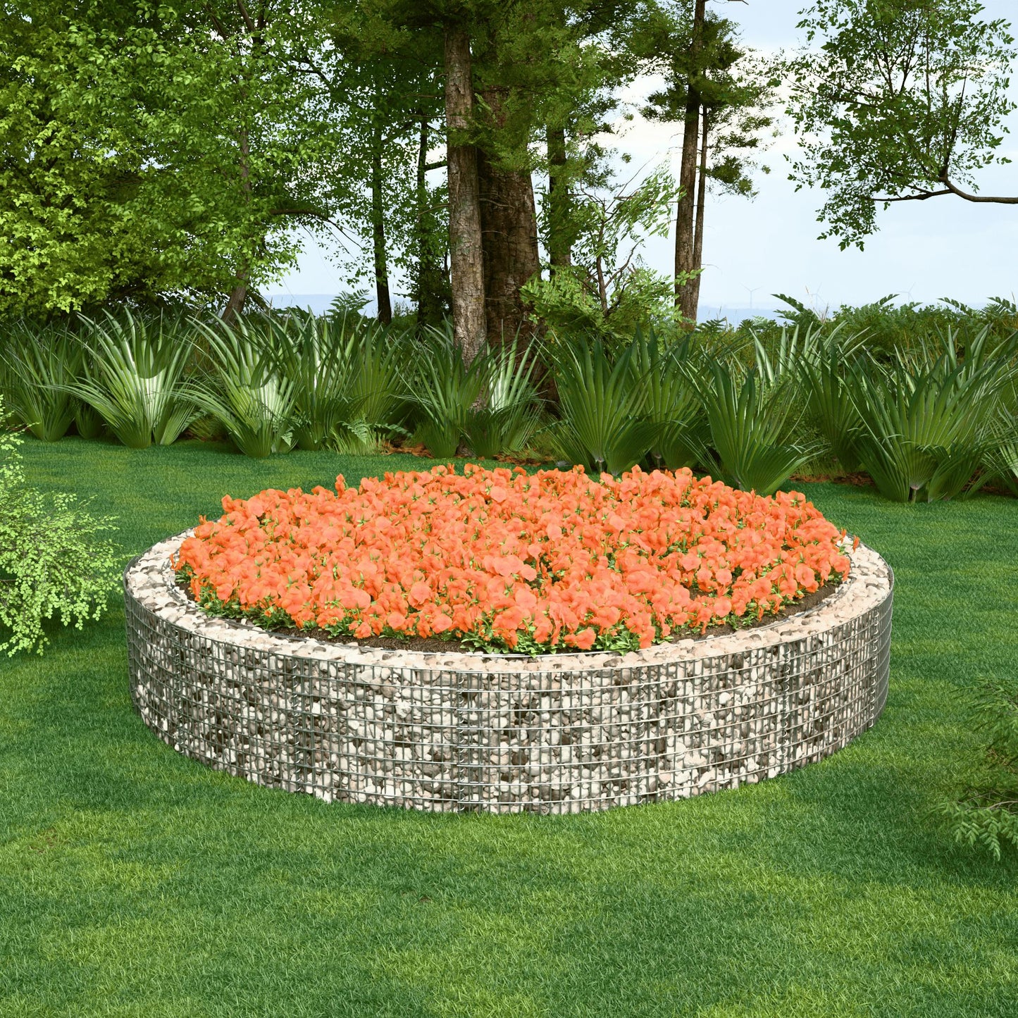 Canteiro elevado redondo, diâmetro externo 502 cm, altura 50 cm, tamanho da malha 5 x 10 cm, espessura da parede 15 cm