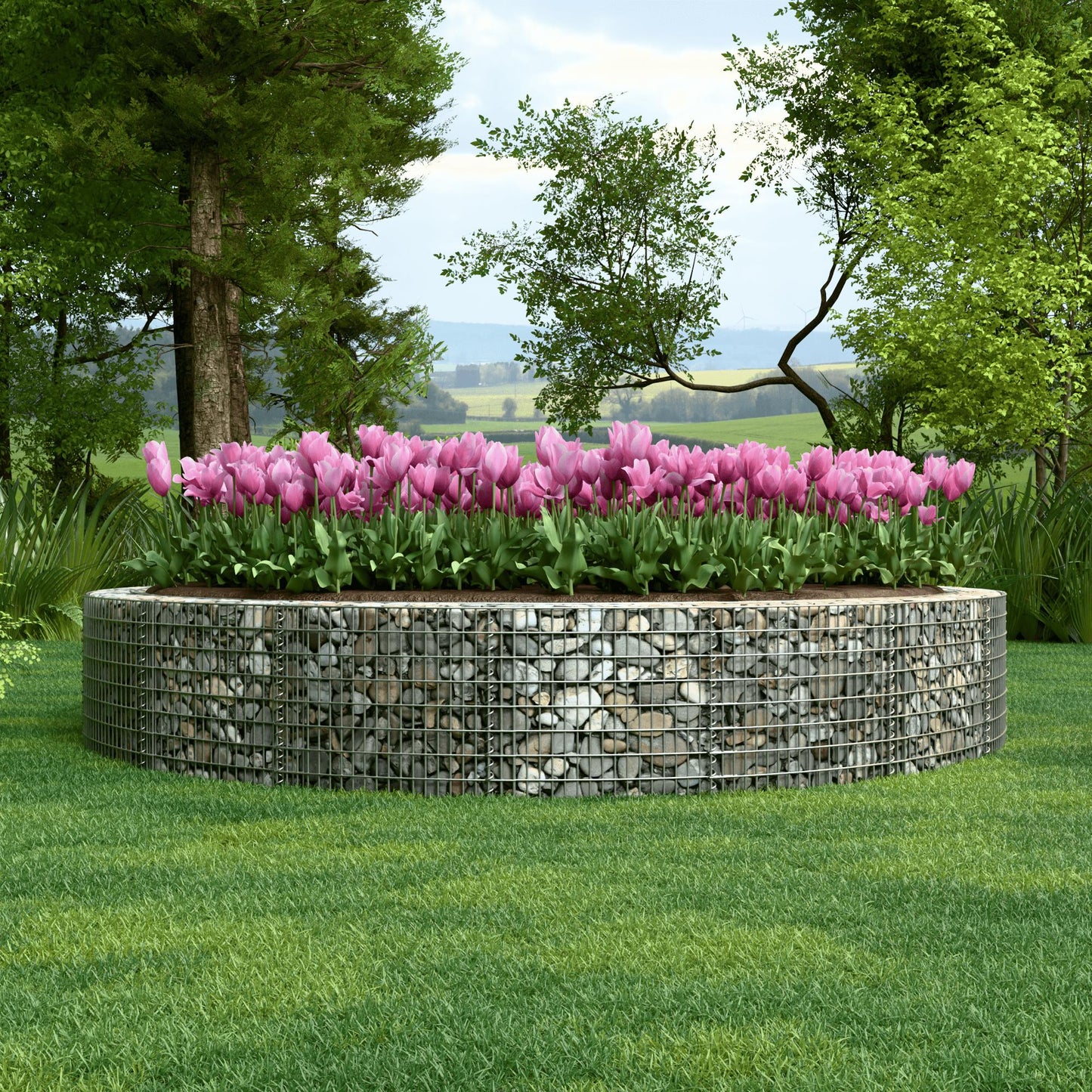 Canteiro elevado redondo, diâmetro externo 502 cm, altura 50 cm, tamanho da malha 5 x 10 cm, espessura da parede 15 cm