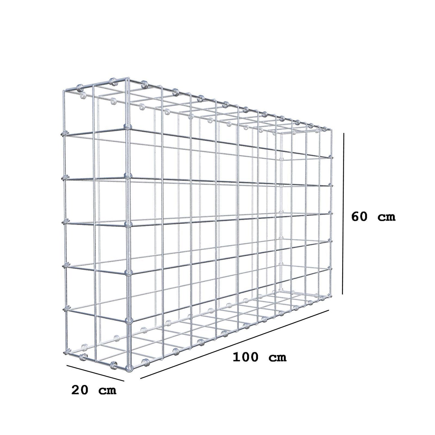 Gabião 100 cm x 60 cm x 20 cm (C x A x P), malhagem 10 x 10 cm, anel espiral