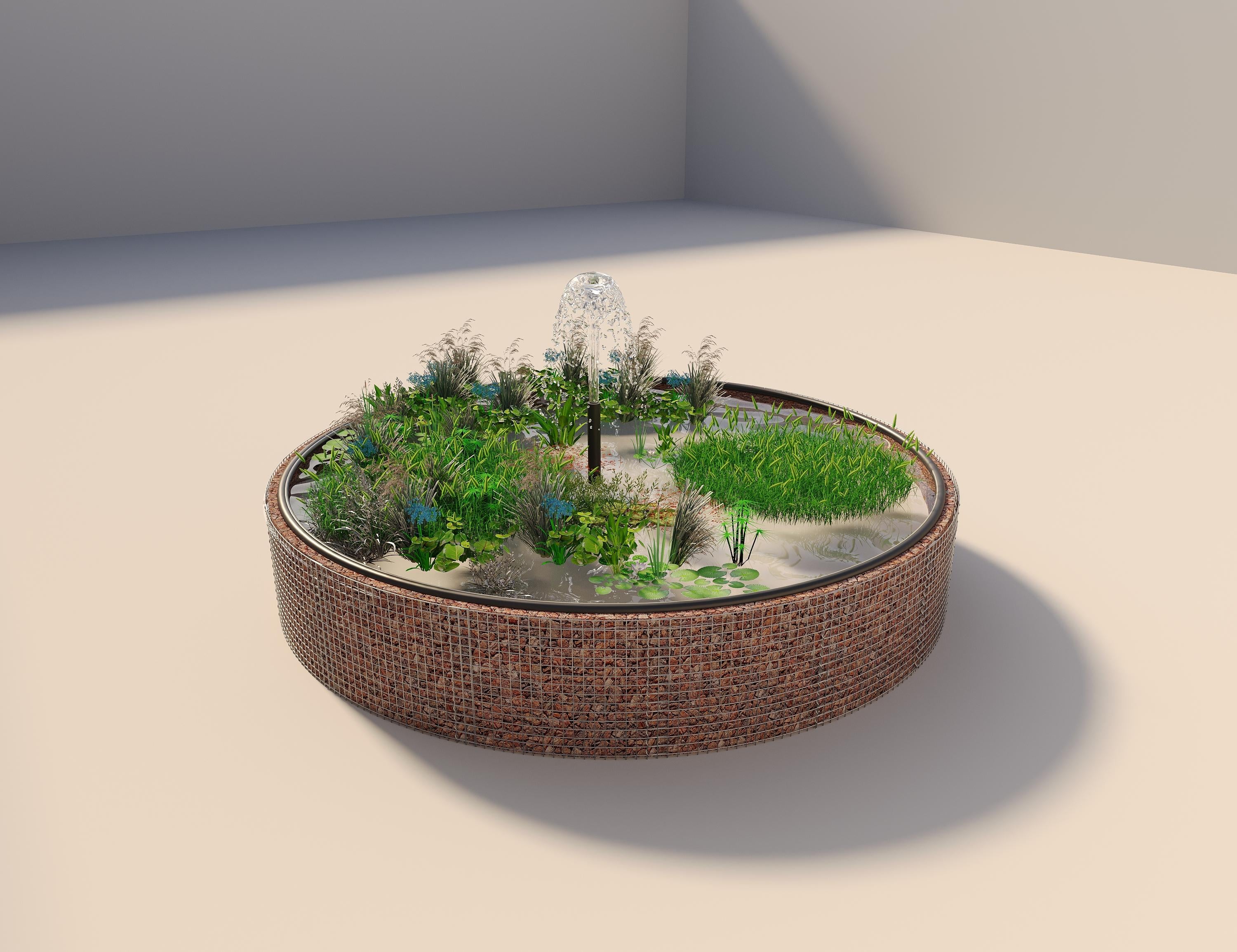 Tanque elevado de gabiões, redondo, diâmetro exterior 442 cm, altura 80 cm, dimensão da malha 5 x 5 cm, espessura da parede 15 cm